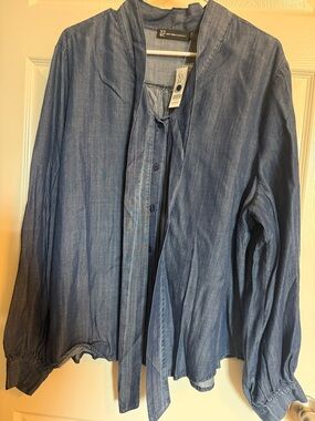 NY Collection Blue Chambray Tie-Neck Button Front Top